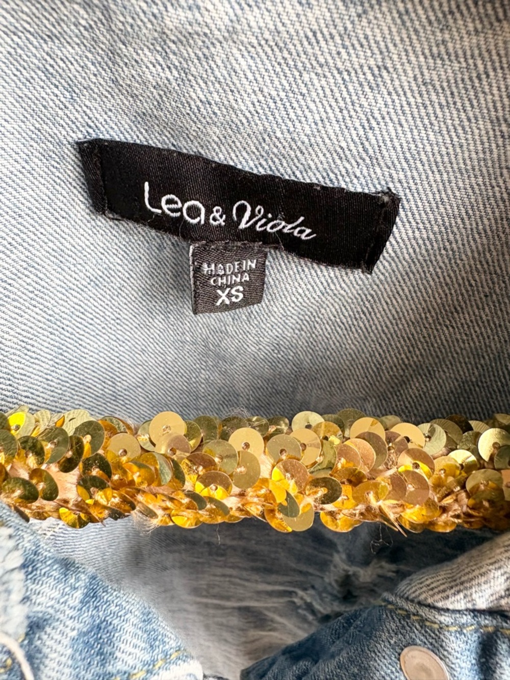 Leo & Viola Denim Jacket Distressed with Lace Crochet Details Bell Sleeve - Picture 3 of 8
